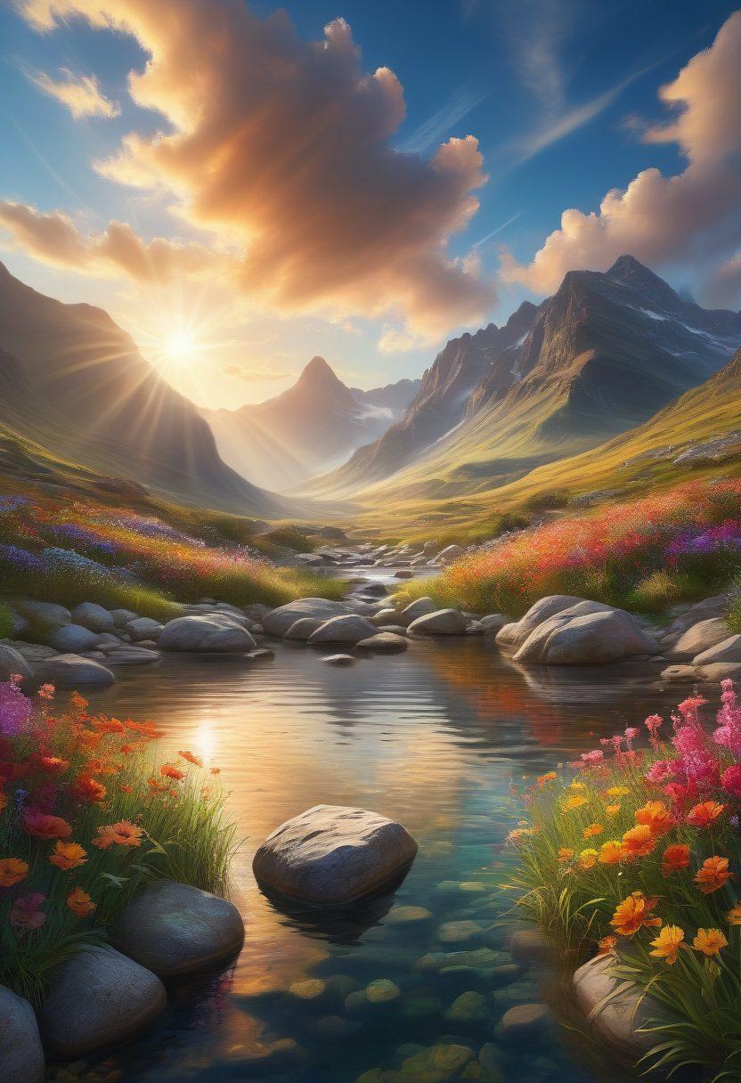 A serene landscape featuring a meditative figure sitting cross-legged atop a mountain surrounded by soft, ethereal clouds, with a gentle sunlight breaking through, symbolizing inspiration and tranquility. Include vibrant flowers at the base and a peaceful stream flowing nearby to enhance the sense of well-being. super-realistic. vibrant colors.