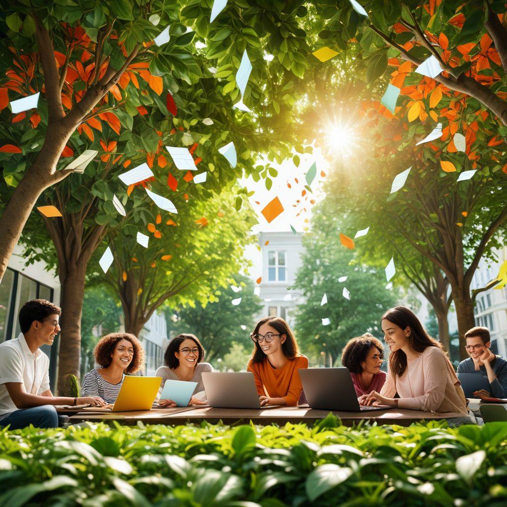 A vibrant scene depicting a diverse group of people engaged in a lively community discussion, with colorful laptops and notebooks scattered around them, symbolizing collaboration. Include elements of personal growth like plants growing upwards around them, representing progress and transformation. The background features a digital blog interface with inspiring quotes floating in the air. super-realistic. vibrant colors. 3D.