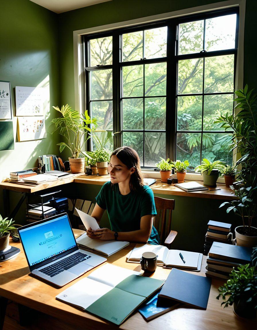 A serene workspace filled with plants and an open laptop displaying a blog post, surrounded by colorful notebooks and art supplies. A person with a contemplative expression is writing, light streaming through a large window, symbolizing inspiration. Incorporate vivid colors and a touch of whimsy to illustrate creativity and personal growth. vibrant colors. super-realistic. natural light.